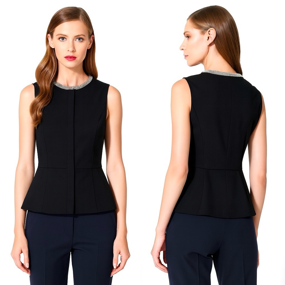 Phillip Lim X Target Black Beaded Collar‎ Zip Front Sleeveless Peplum Top M